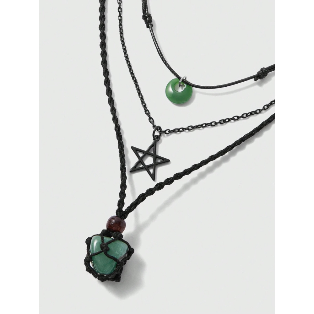 Fairycore 3PCS Punk Star Pendant Necklaces Handmade Multilayer Stone Sh